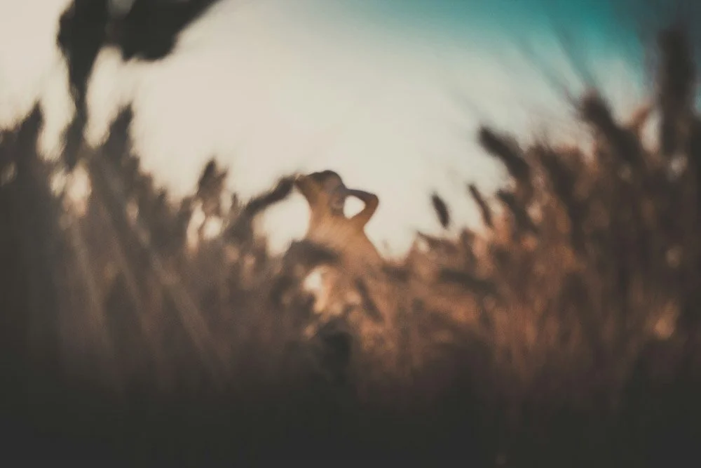 A person standing in a field surrounded by tall grass or crops, with trees and a cloudy sky in the background.