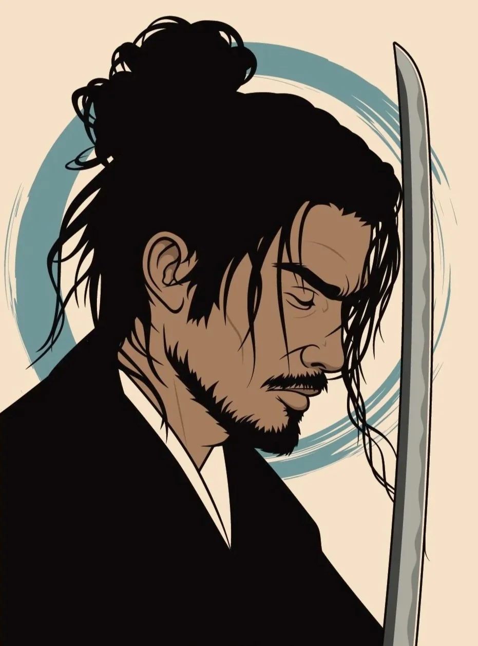 Illustration of a man with long hair, a beard, and a mustache, holding a sword vertically with his eyes closed in a contemplative pose.