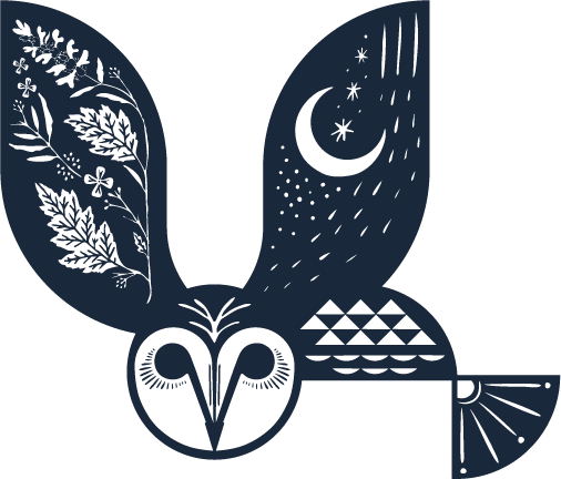 A stylized illustration of an owl with a half moon and stars in one wing, and leaves in the other wing, and a fan in the bottom right corner.