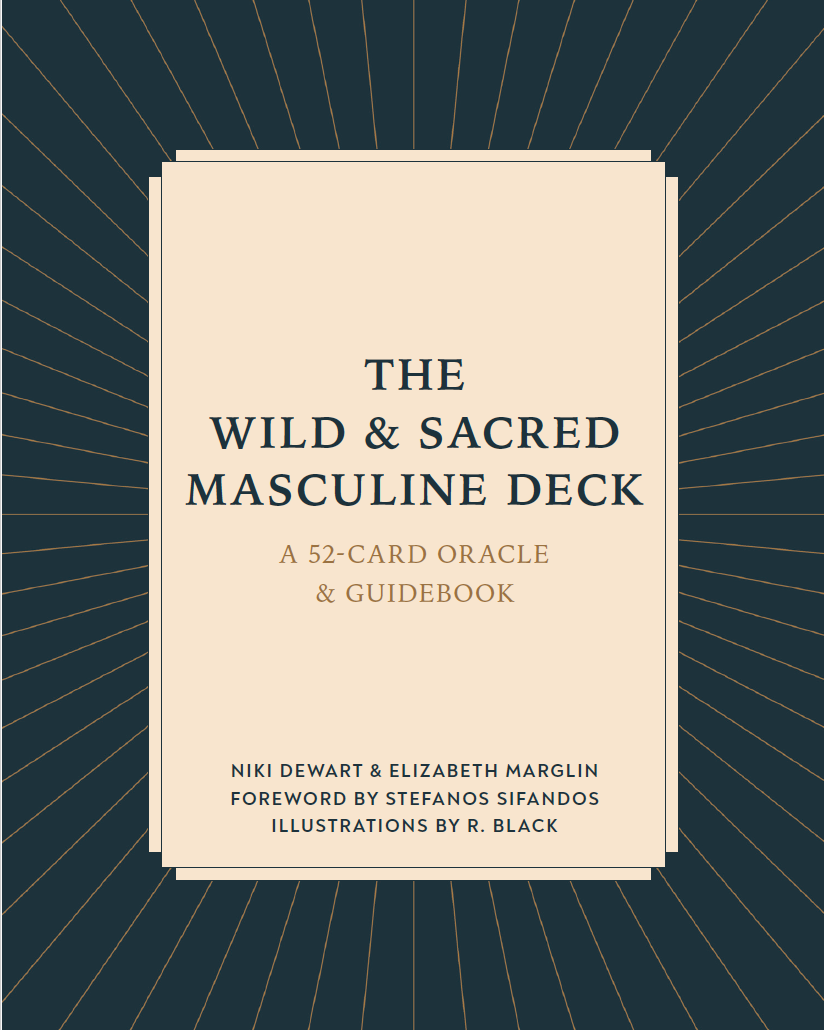 Cover of a card deck guidebook titled 'The Wild & Sacred Masculine Deck', featuring a dark background with radiating gold lines and a central cream-colored rectangle with title text.