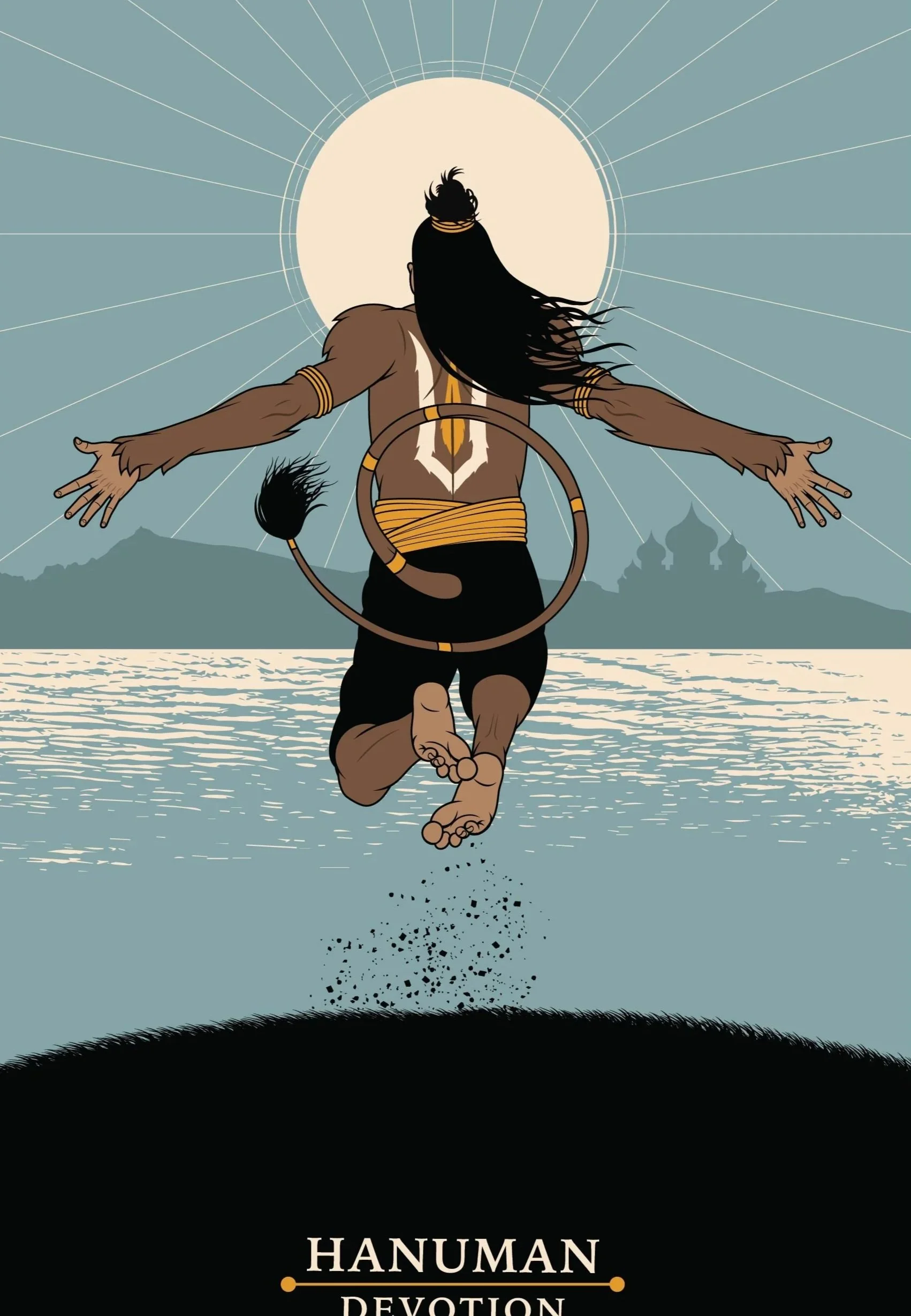 Illustration of Hanuman, a Hindu monkey god, flying over a body of water at sunrise or sunset with mountains and temples in the background