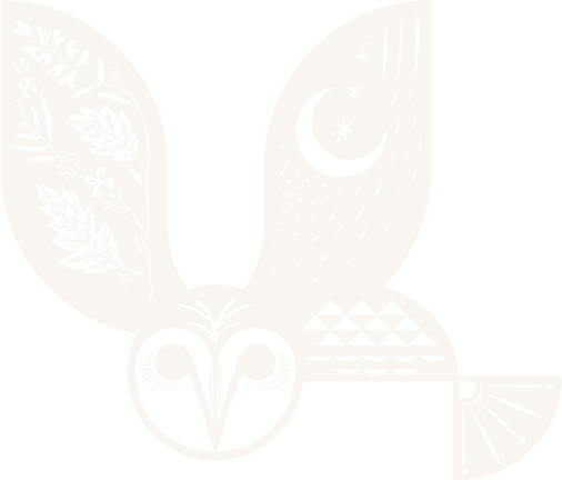 Black and white illustration of a stylized insect with large ears, decorated with moon and star patterns, and a geometric tail, against a black background.