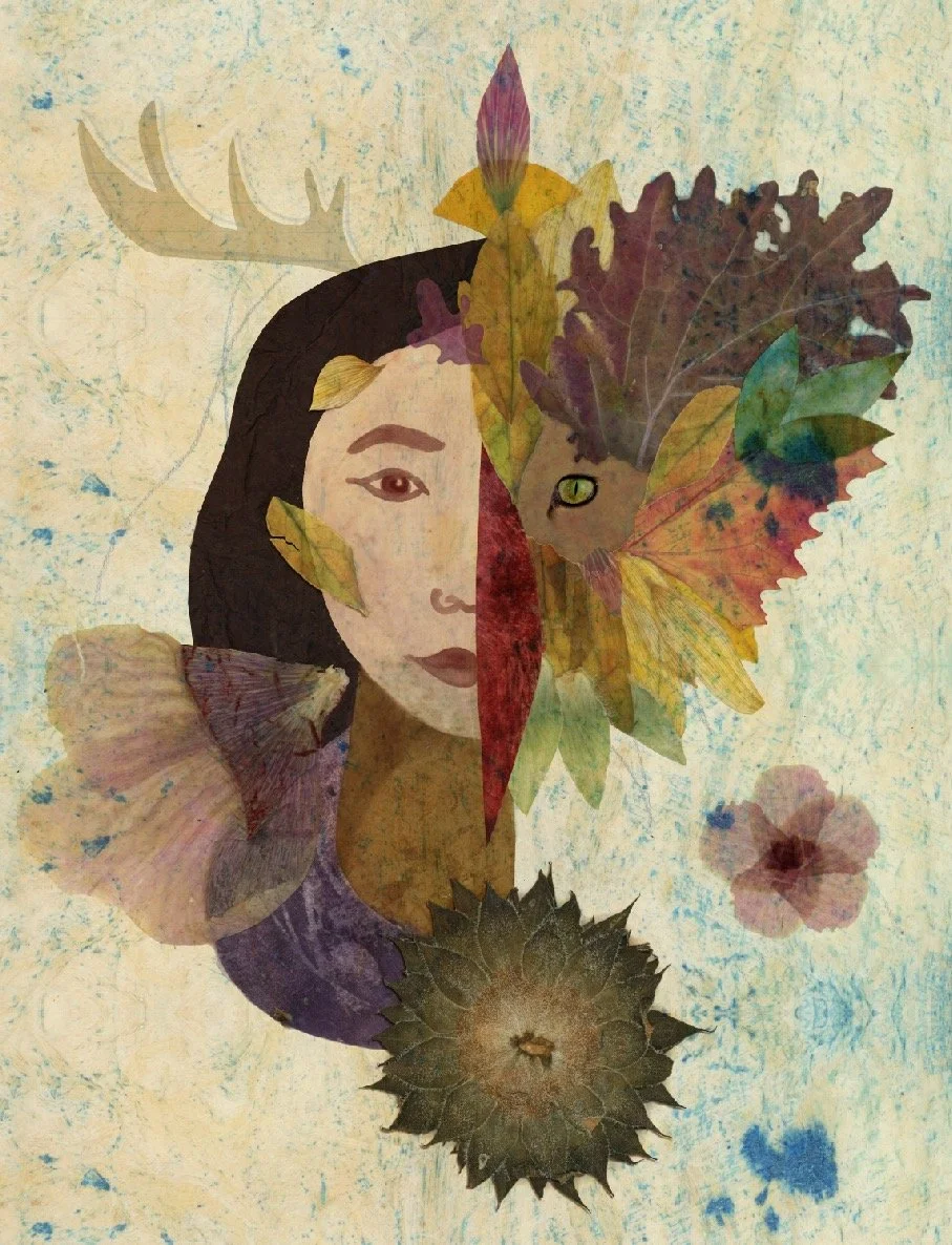 Collage artwork featuring a woman’s face with hair made of leaves, flowers, and butterflies, and a deer antler in the background.