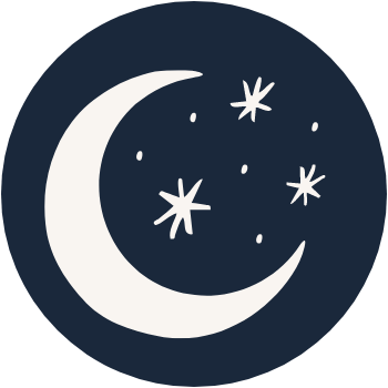 Illustration of a crescent moon and stars on a dark background.