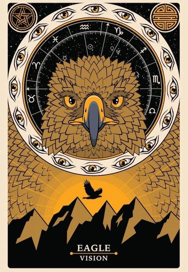 Illustration of an eagle's face with detailed feathers, surrounded by an astrological chart with zodiac symbols and eyes. Below, a silhouette of mountains with a flying eagle