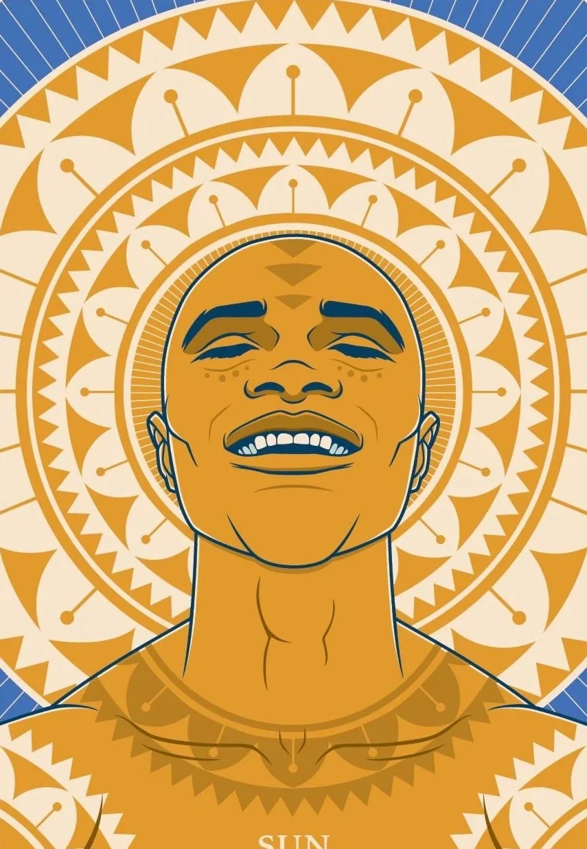 An illustration of a smiling person with their head tilted back, surrounded by geometric patterns radiating outward, symbolizing happiness and the sun.