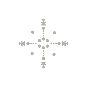 A symmetrical geometric pattern with triangles, dots, and lines arranged in a compass pattern.