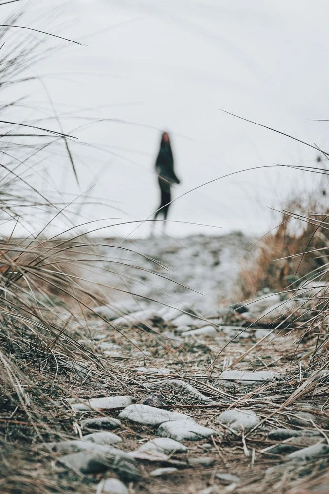 A figure of a person standing on a rocky trail, with dry grass framing the sides, near a body of water in the background.