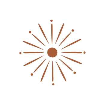 Icon of sun burst with a central burst and extending rays in rust color.
