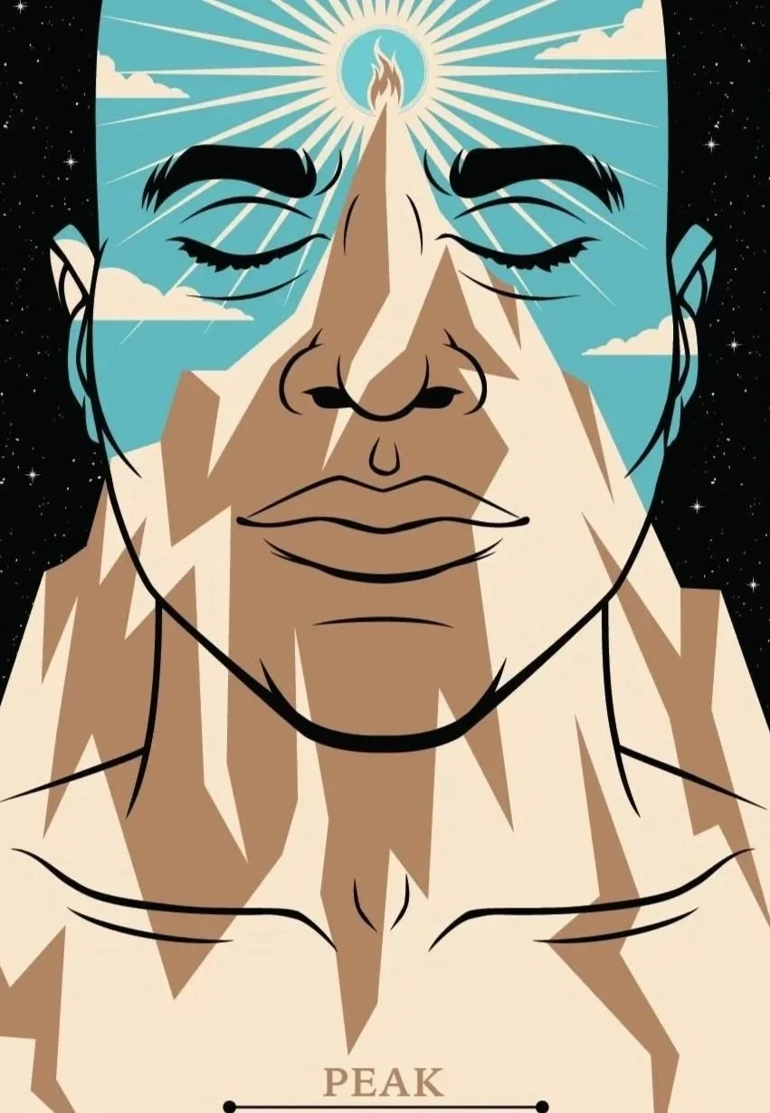 A stylized illustration of a male face with closed eyes, the face is integrated with mountain peaks and clouds, and a sun with rays and a crescent moon at the forehead. The word 'PEAK' is at the bottom.