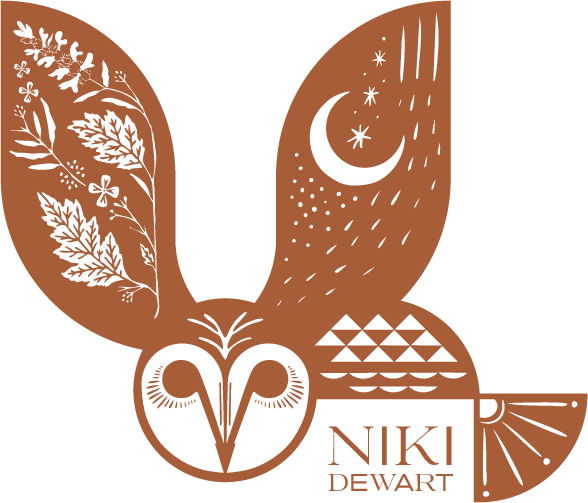 Niki Dewart logo, owl flying with botanical, moon, stars and compass illustrations