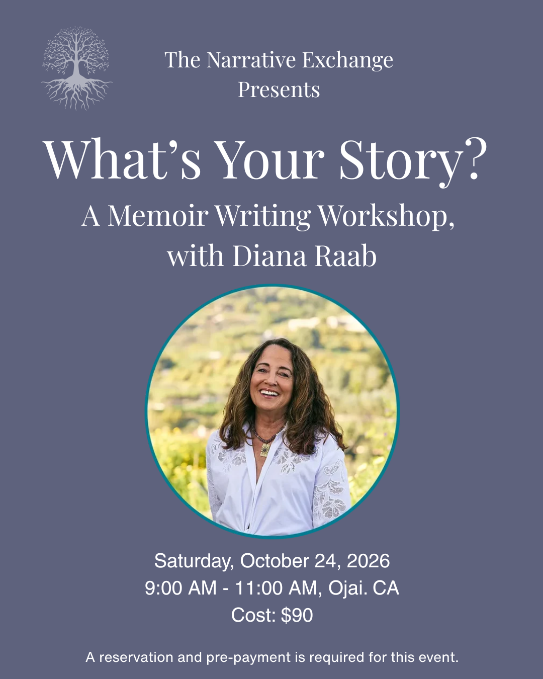 What’s Your Story?  A Memoir Writing Workshop, with Diana Raab:  Ojai