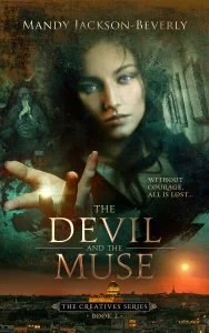 Book cover for "The Devil and the Muse" by Mandy Jackson-Beverly, featuring a dark background with a woman's face and hand, and a sunset scene at the bottom.