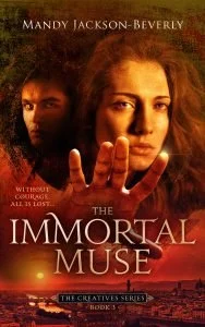 Book cover for 'The Immortal Muse' by Mandy Jackson-Beverly featuring a woman with outstretched hand and a dark, mysterious figure in the background