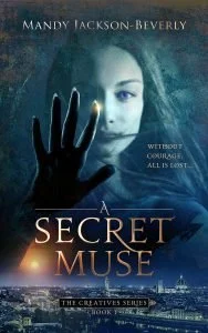 Book cover for 'A Secret Muse' by Mandy Jackson-Beverly, featuring a woman with a hand pressed against a glass surface and a cityscape at night in the background.