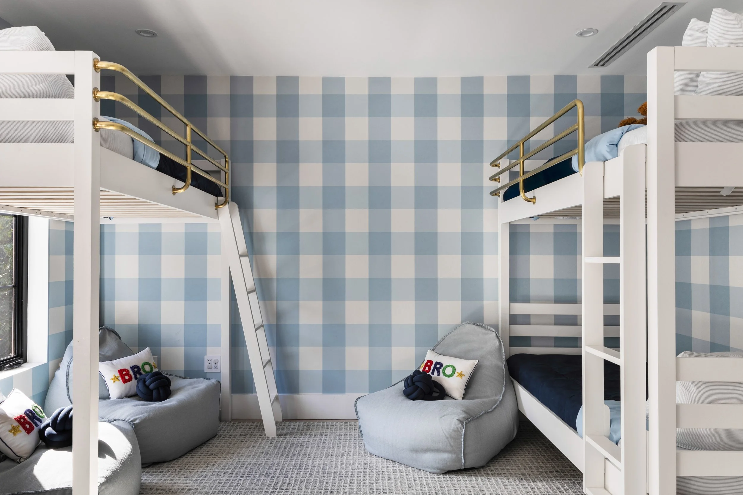 Boys room with bunk beds and blue wallpaper - Coastal Boho Estate - Coconut Grove - CURATED. Studio