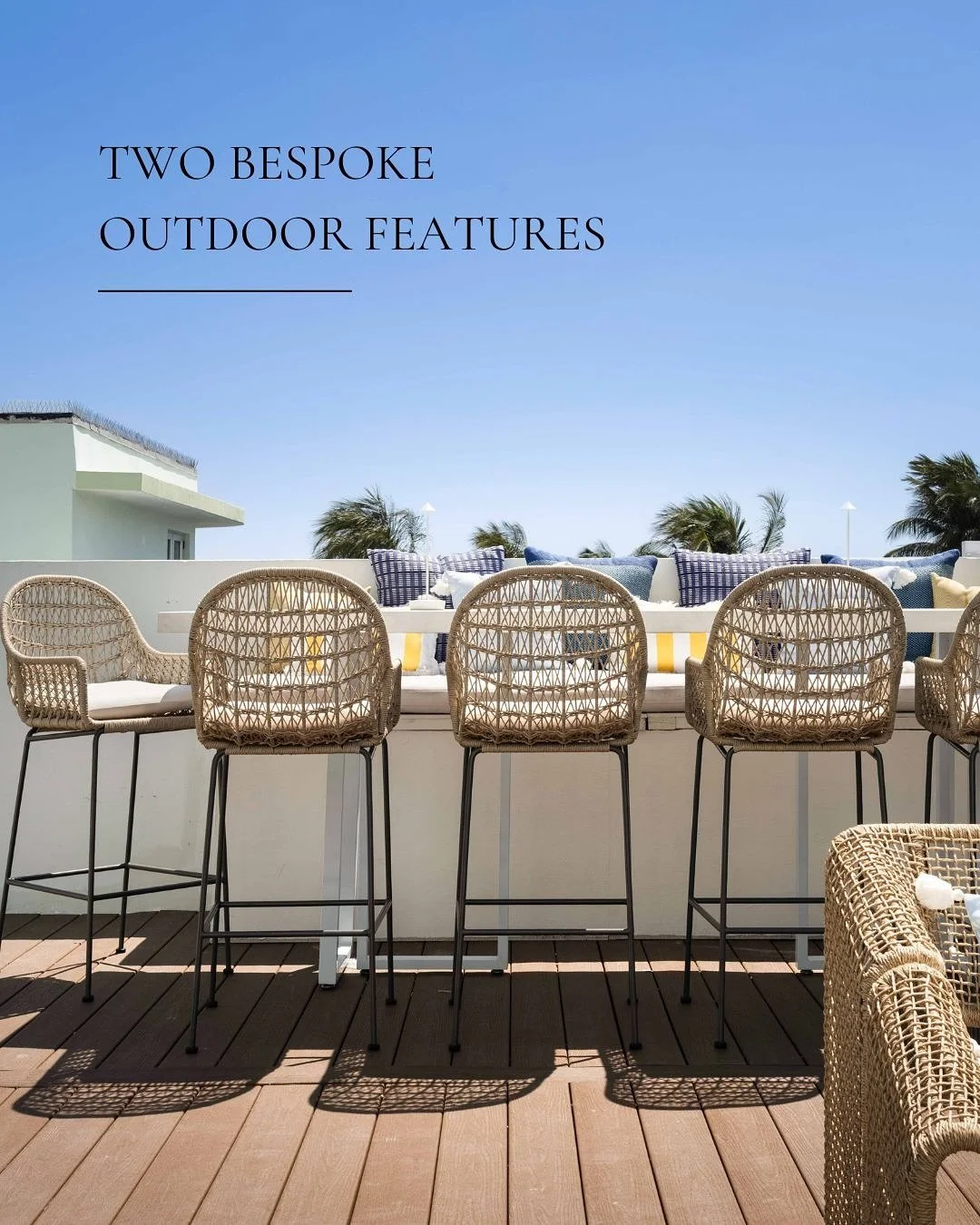 The art of outdoor comfort.

This Ocean Drive terrace brings together the best of all worlds&mdash;custom bar-height benches with hidden storage built close to the wall to preserve an open layout and capture the views, paired with a bird of paradise 