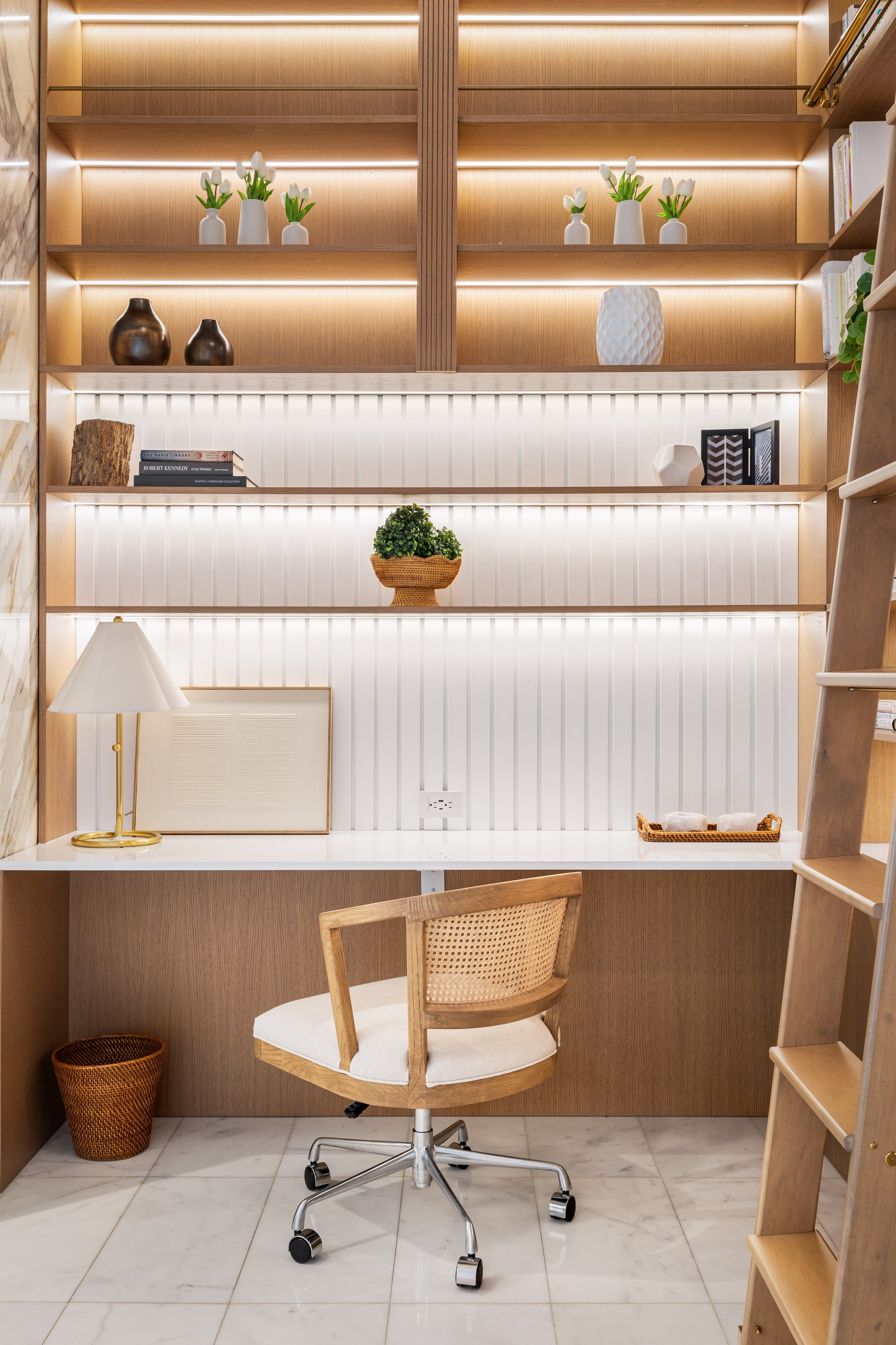 Built in desk in home office with custom millwork - Two Park Grove - Parisian Inspired Design - CURATED. Studio