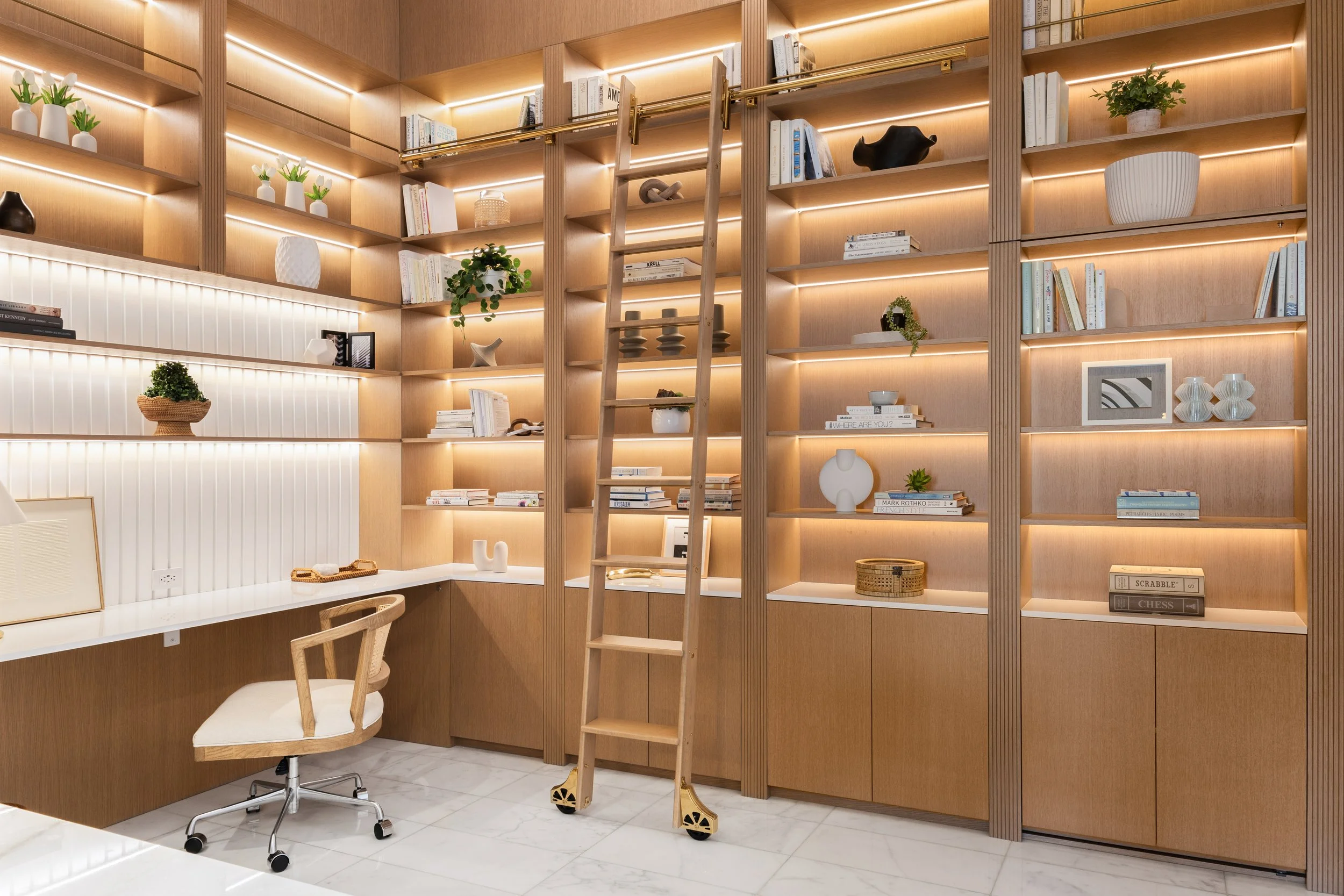 Home office with custom millwork bookshelf - Two Park Grove - Parisian Inspired Design - CURATED. Studio