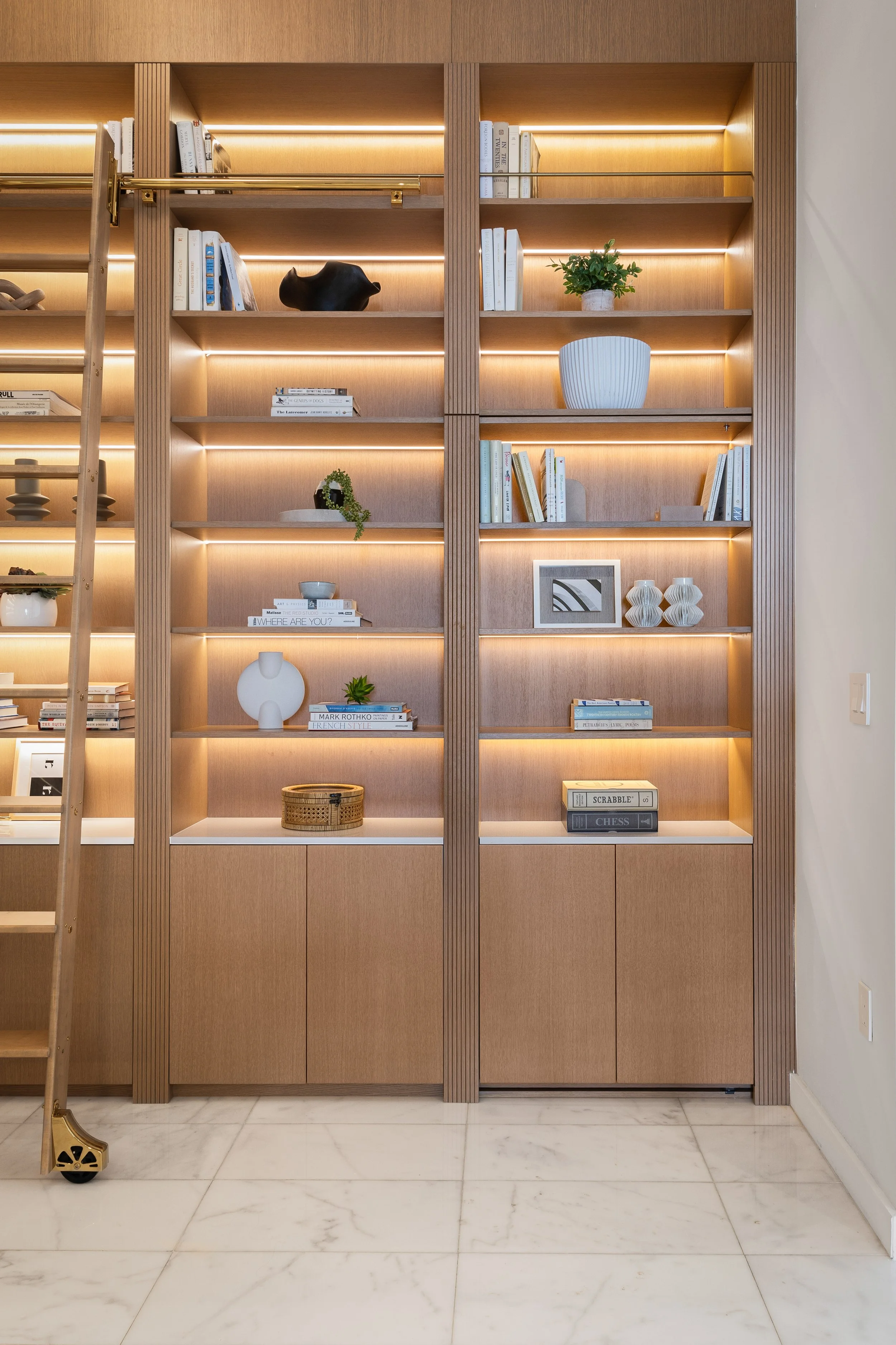 Home office with custom millwork bookshelf - Two Park Grove - Parisian Inspired Design - CURATED. Studio