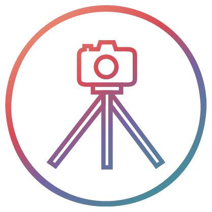 Icon of a camera mounted on a tripod inside a circular gradient background.