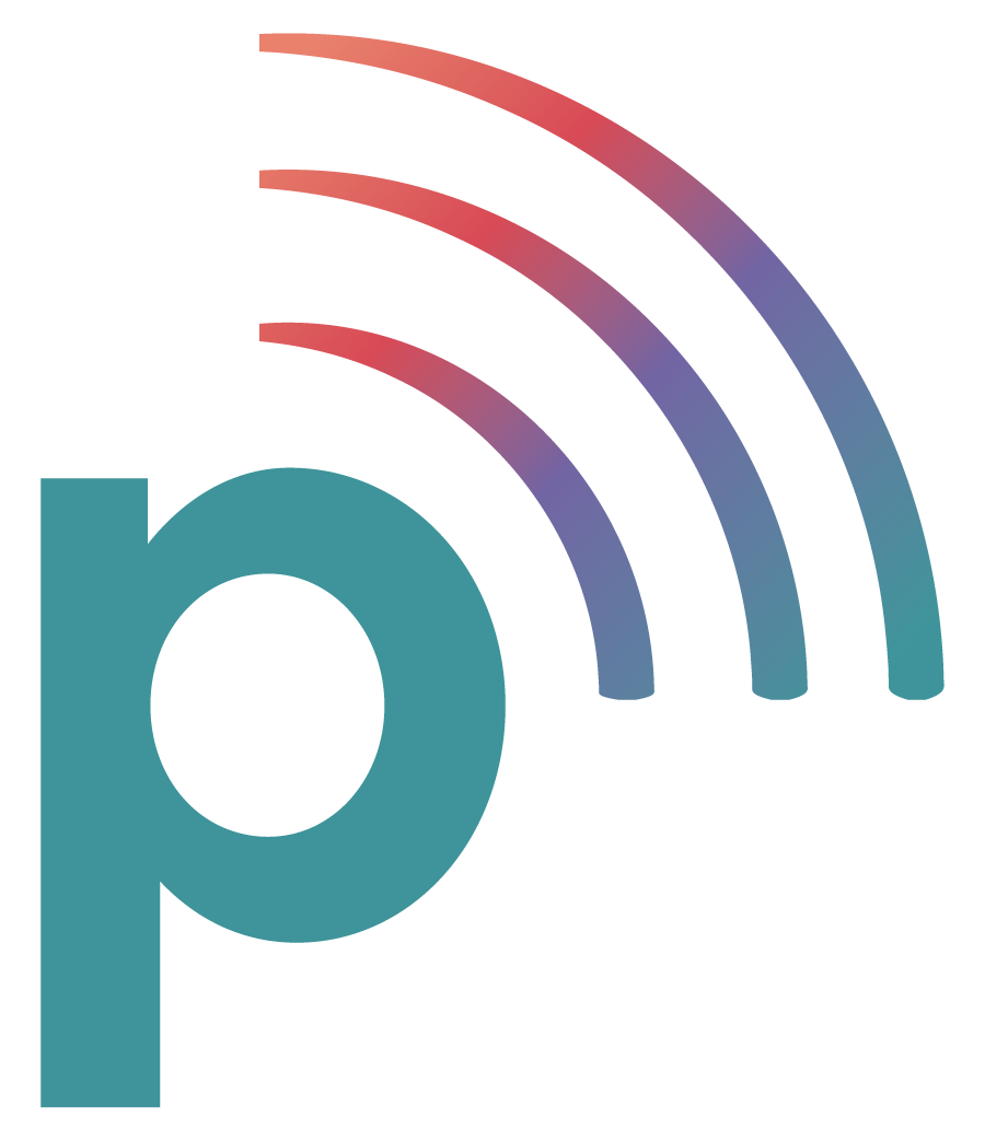 A digital illustration of a blue woman with long hair working at a desk on a computer, with abstract colorful shapes and a gradient background.