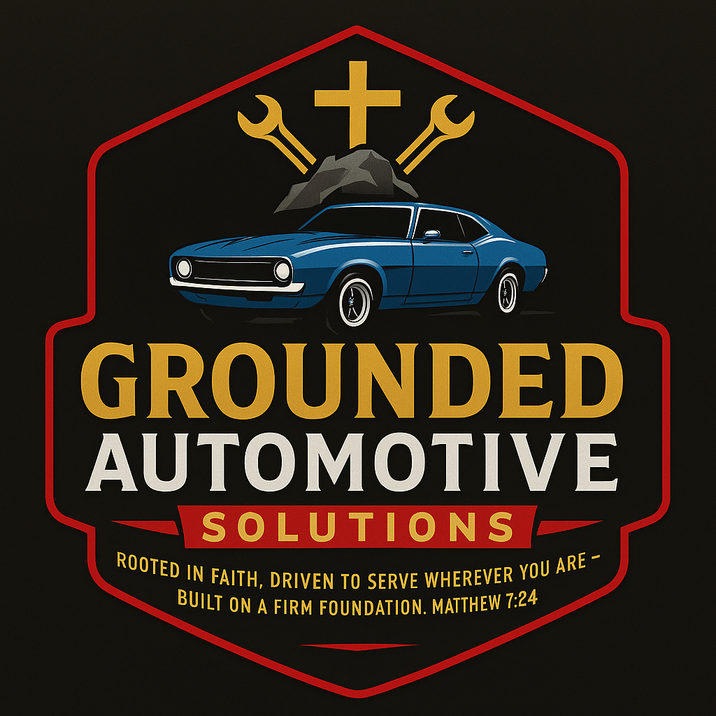 Graphic logo for Grounded Automotive Solutions featuring a blue classic car, a cross, and automotive tools with a religious theme, and text emphasizing faith and service.
