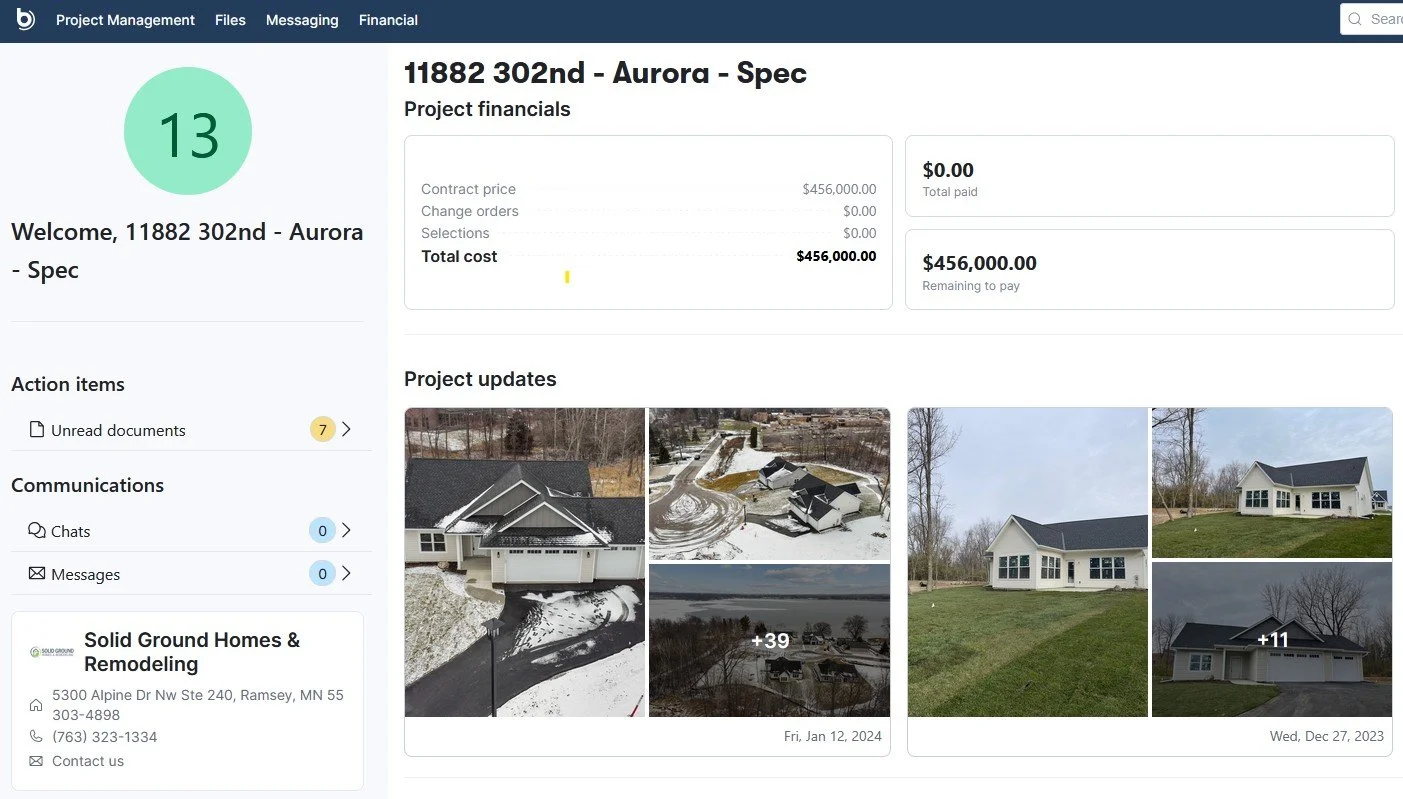Screenshot of a project management and home remodeling app's dashboard showing project details, financials, updates with images of houses under construction, and contact information for Solid Ground Homes & Remodeling.