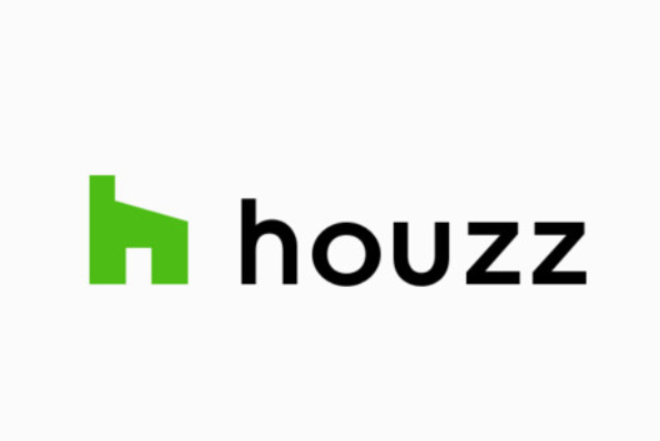 Houzz logo with a green house icon and the word 'houzz' in black lowercase letters.