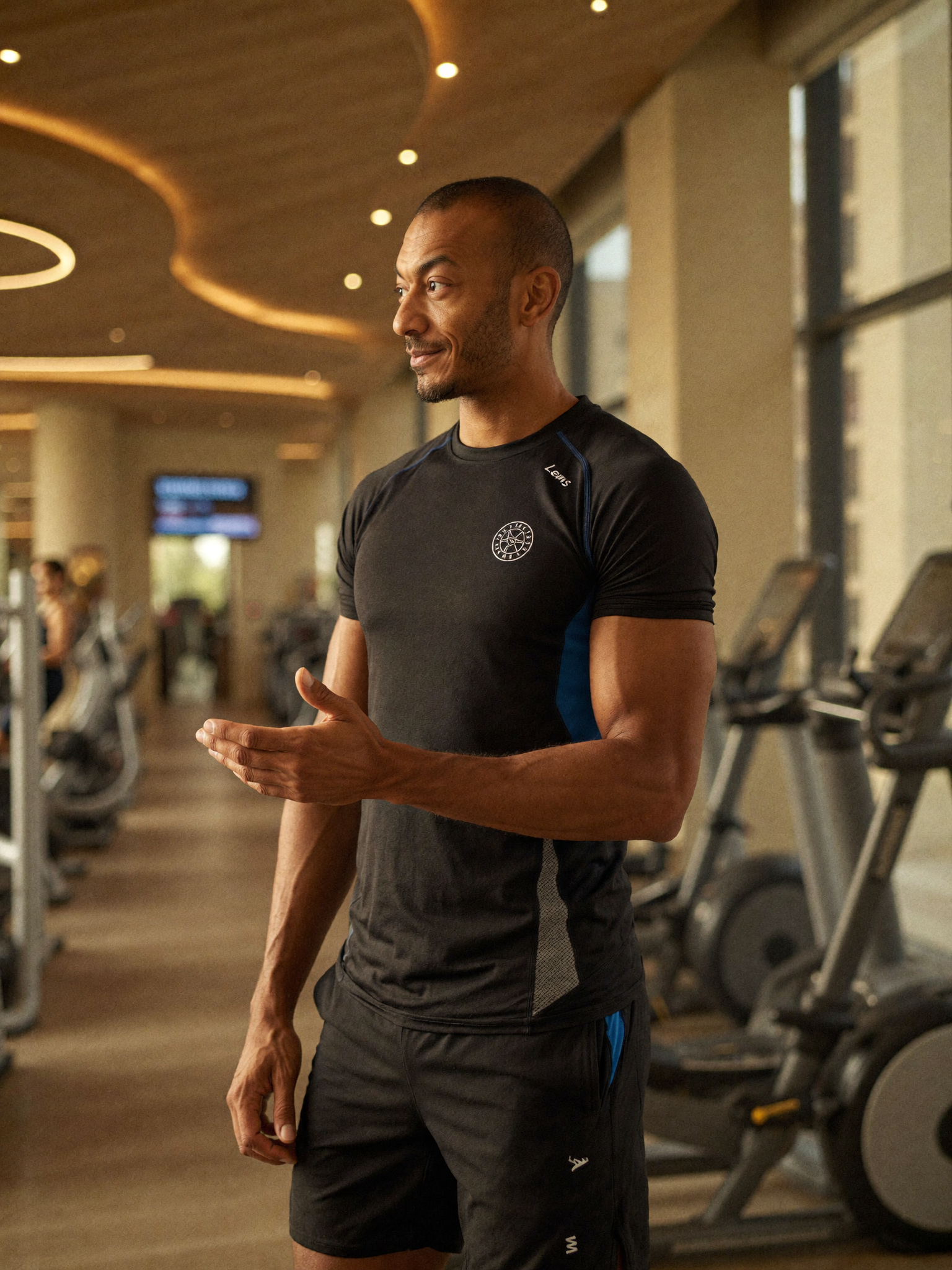 A man in a black athletic shirt and shorts standing in a gym with treadmills, windows, and ceiling lights.