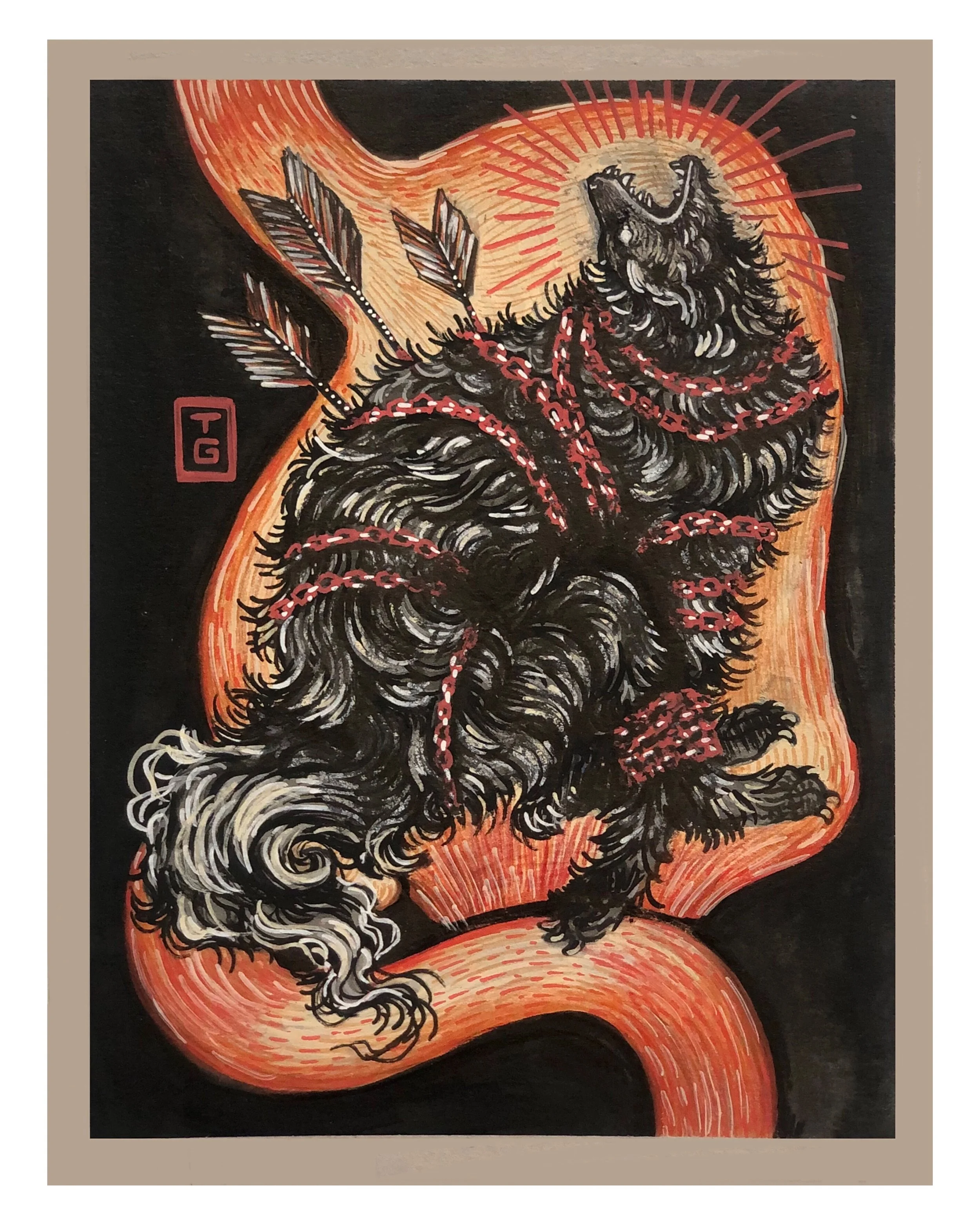 Anxiety Dog - Ink and colored pencil on chipboard - 9in x 12in - 2022
