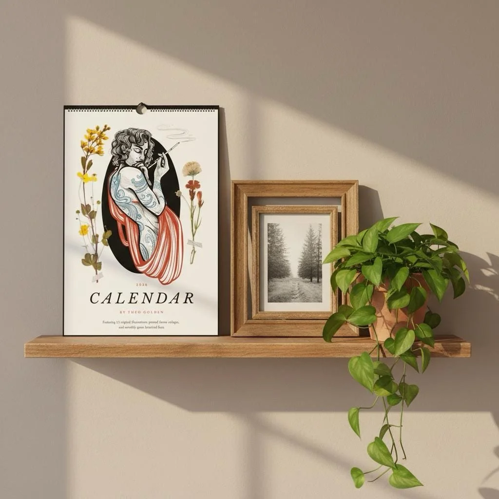 Woo I made a 2026 wall calendar!!! Featuring 13 original illustrations, pressed floral collage, and monthly@queer historical facts!! 

I know you friends of Dorothy be having ADHD - this is the perfect gay organizational companion to help you stay on