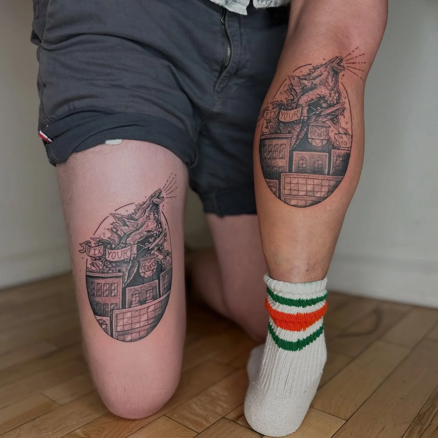 &ldquo;Fix Your Hearts or Die!&rdquo; Matching Twin Peaks x Godzilla tattoos for two of the SWEETEST homies in the game!! I did these forever ago and can&rsquo;t believe I forgot to post them- thank you Oliver and Max for the many hours of joy, stori