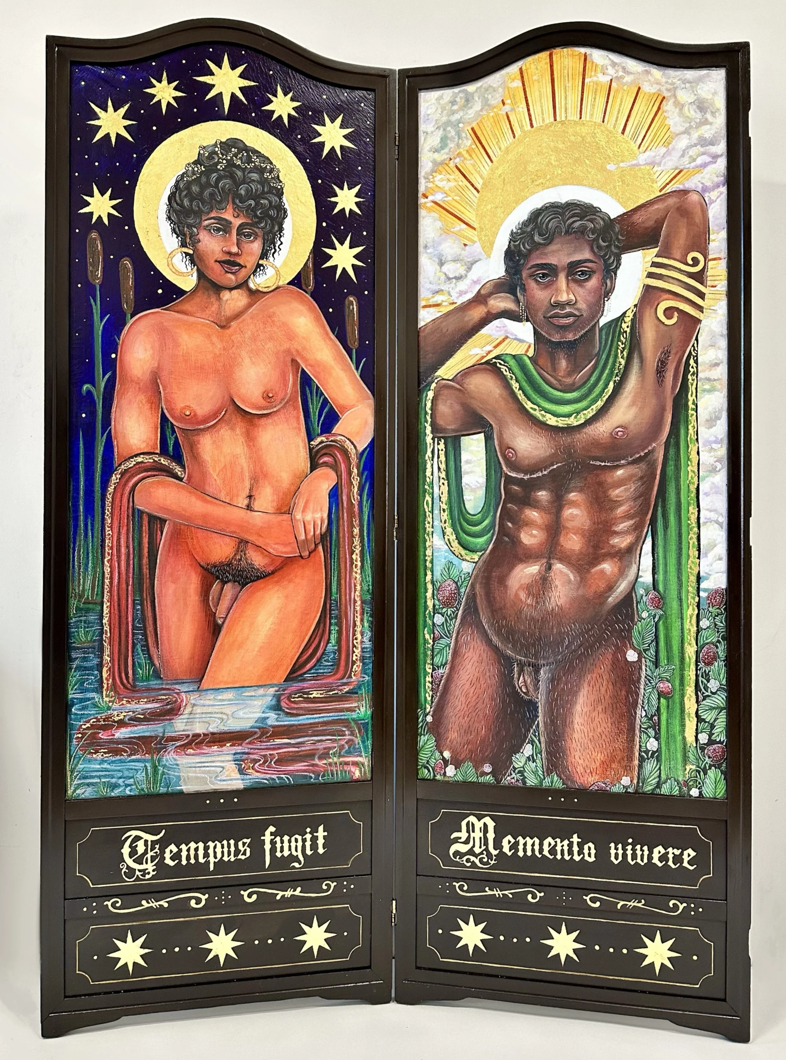 Altarpiece - Reclaimed Christian Altarpiece, acrylic, colored pencil, golf leaf, oil pastel - 73" x 51"x 1" - 2025