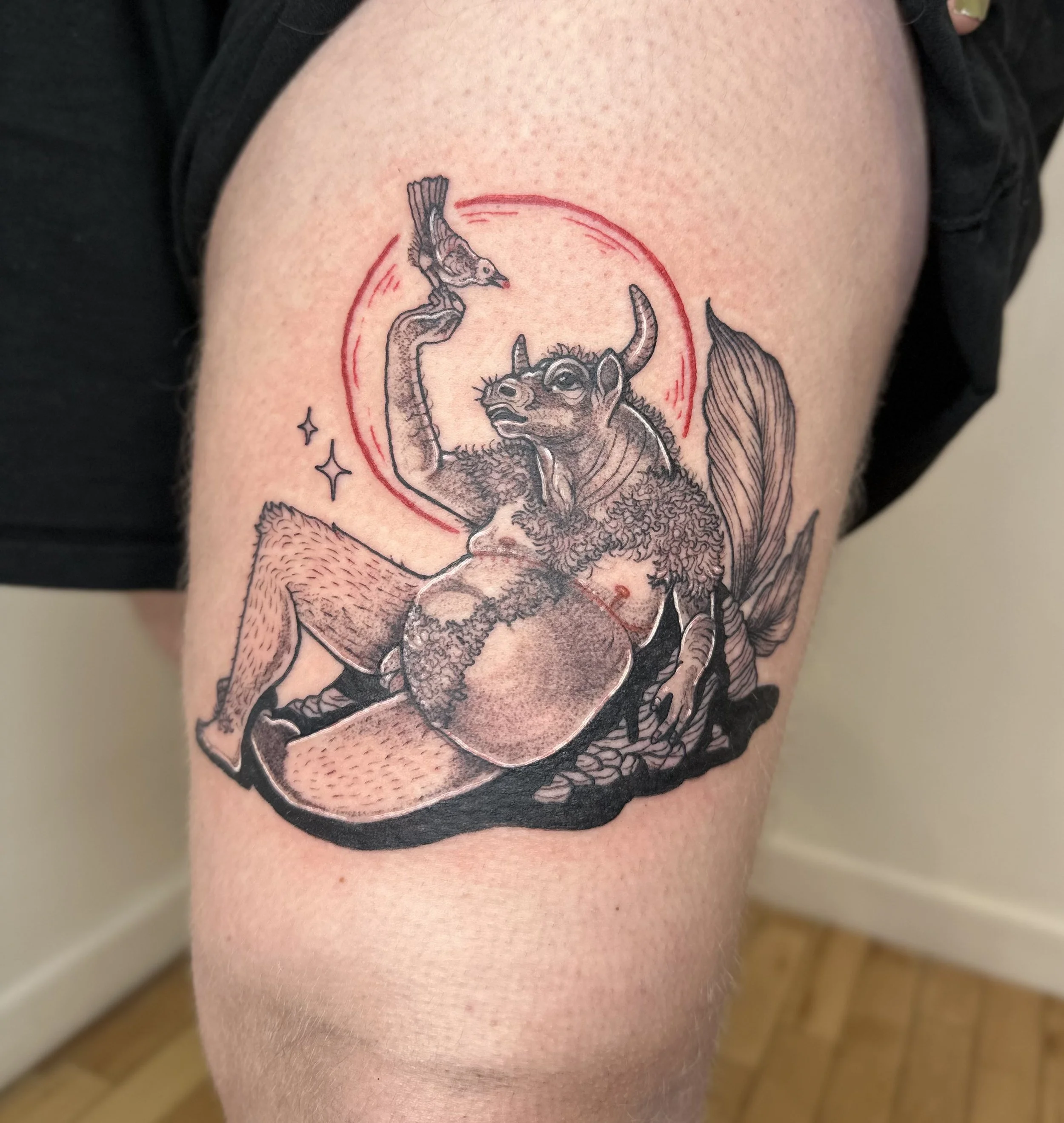 Tattoo of a transmasc minotaur holding a small bird, with a red circular background and decorative stars.