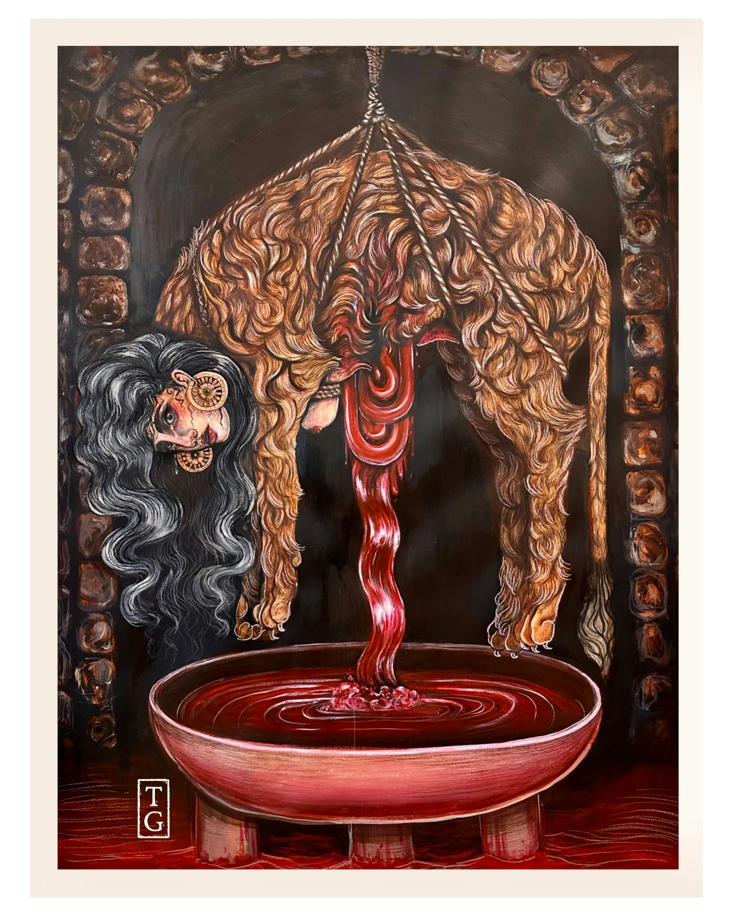 The Bloodletting of the Sphinx - Acrylic, Ink, and Colored Pencil on watercolor paper- mounted on wood panel - 6ft x 4ft - 2023 