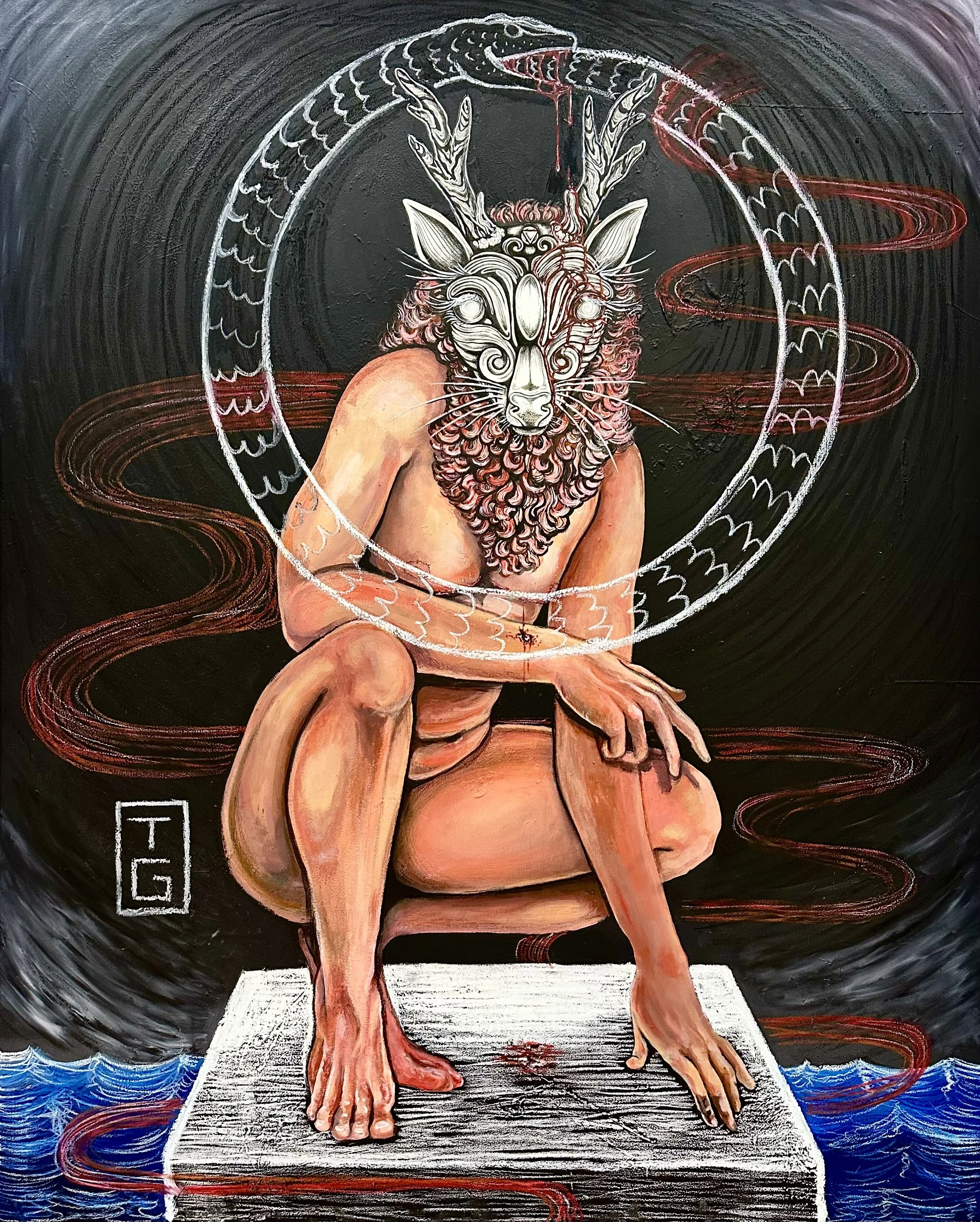 Creature Fears - Acrylic, Ink, Oil pastel, Paper Collage, and Colored Pencil on Recycled Canvas - 48" x 60" - 2025