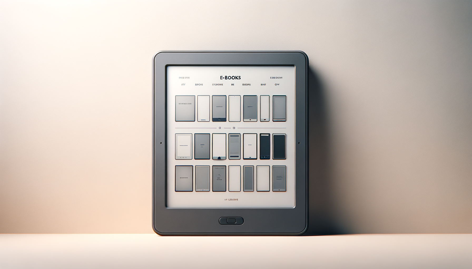 E-reader displaying a collection of e-books on a plain wall background.
