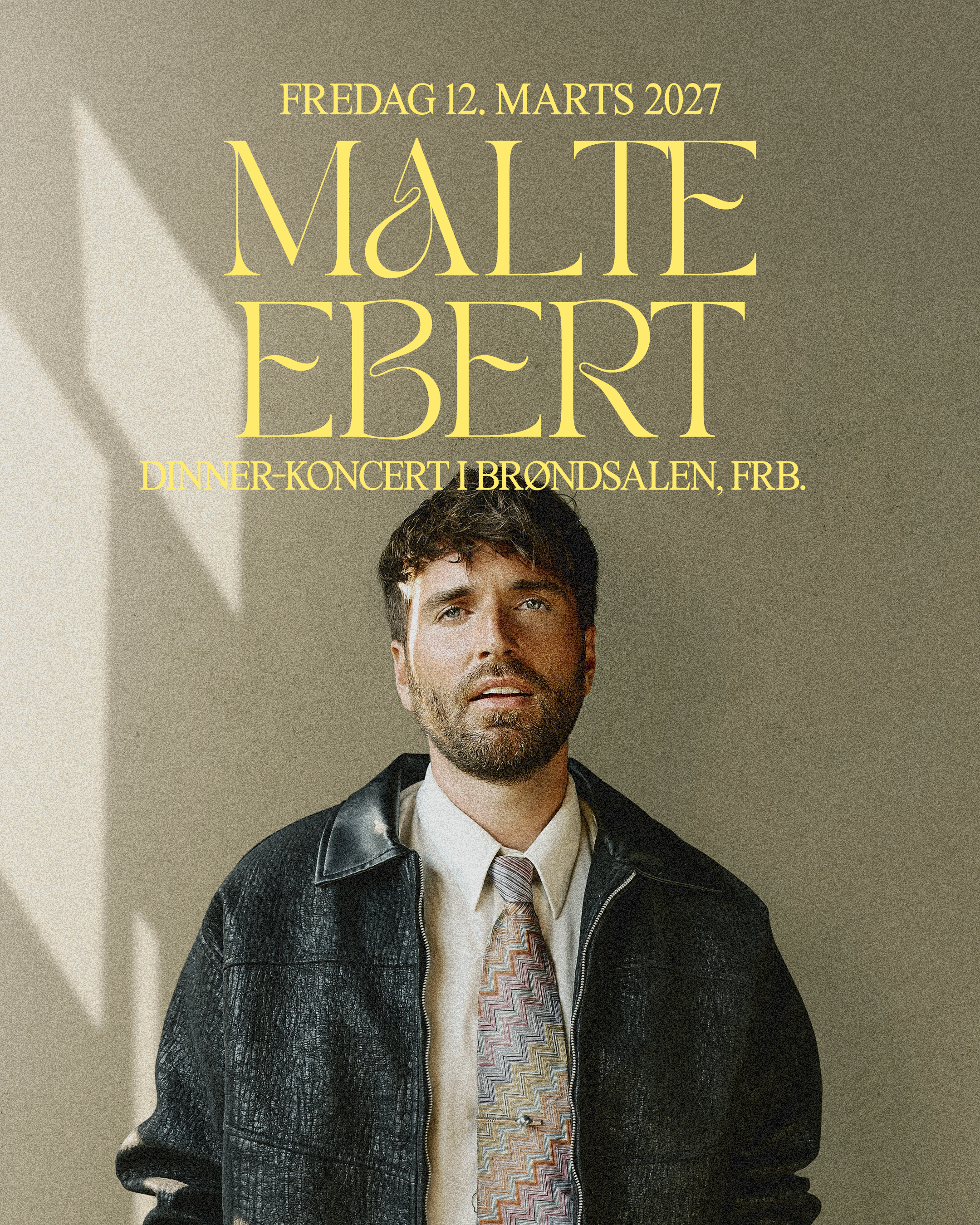 Plakat for koncert med Malte Ebert den 14. november 2025 med teksten 'MUSIK I HAVSELSKABET' og et smilende portræt.