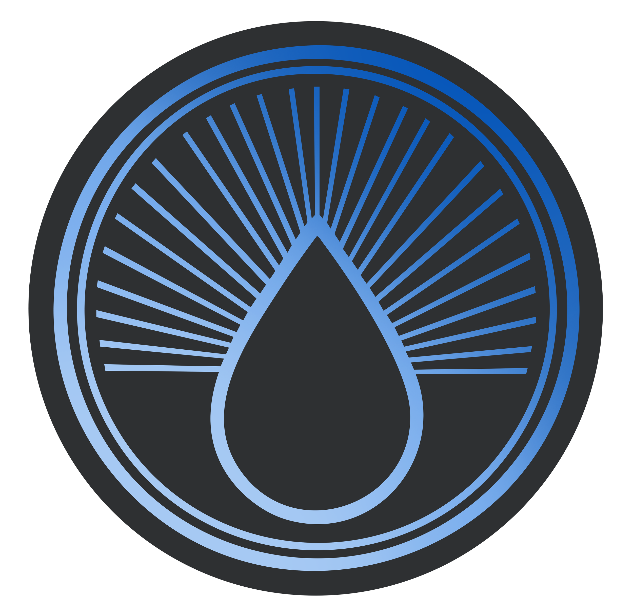 Neon blue outline of a water droplet with radiating lines inside, on a black background.