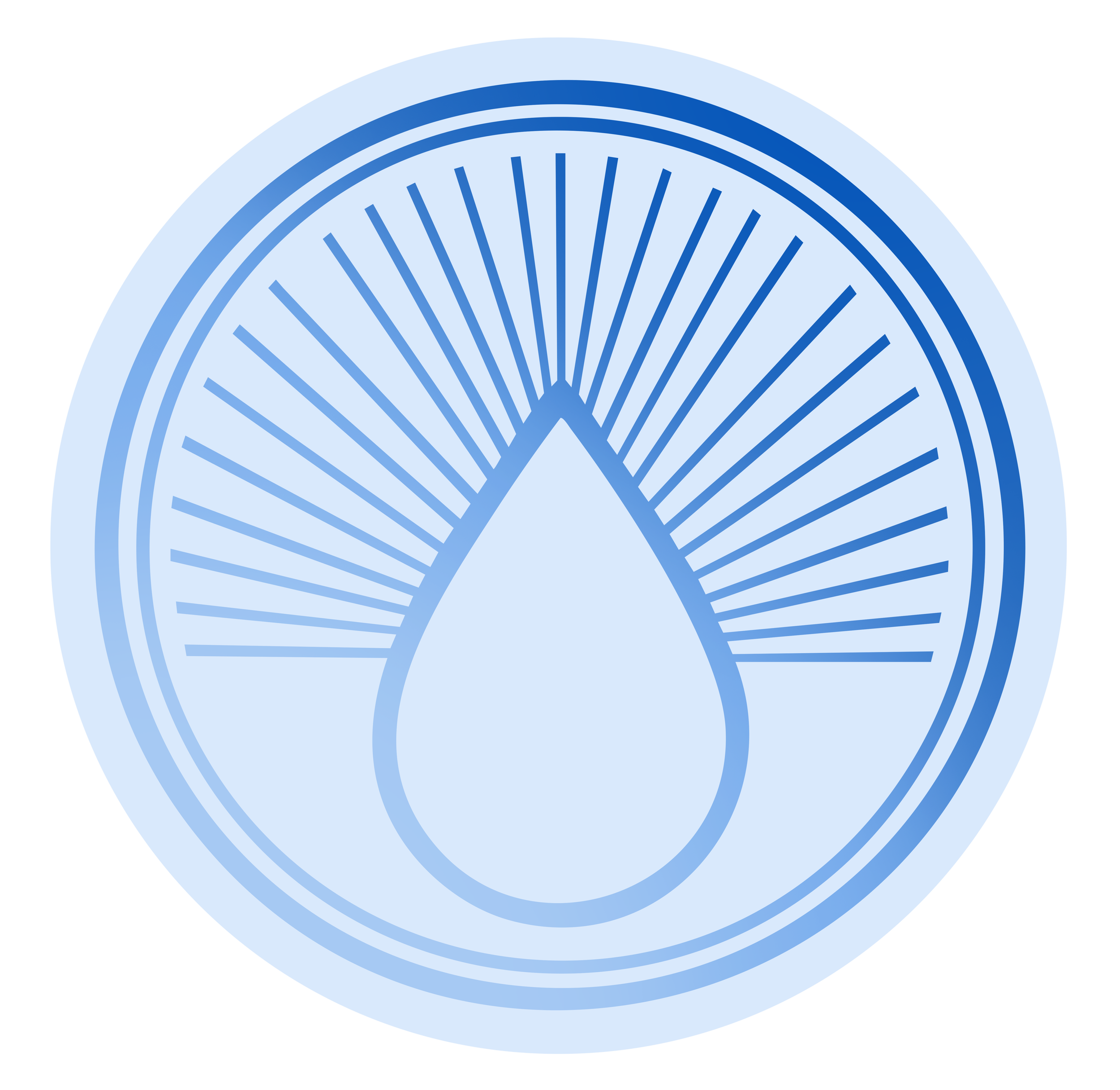 Stylized blue and white water droplet within a circular pattern of radiating lines