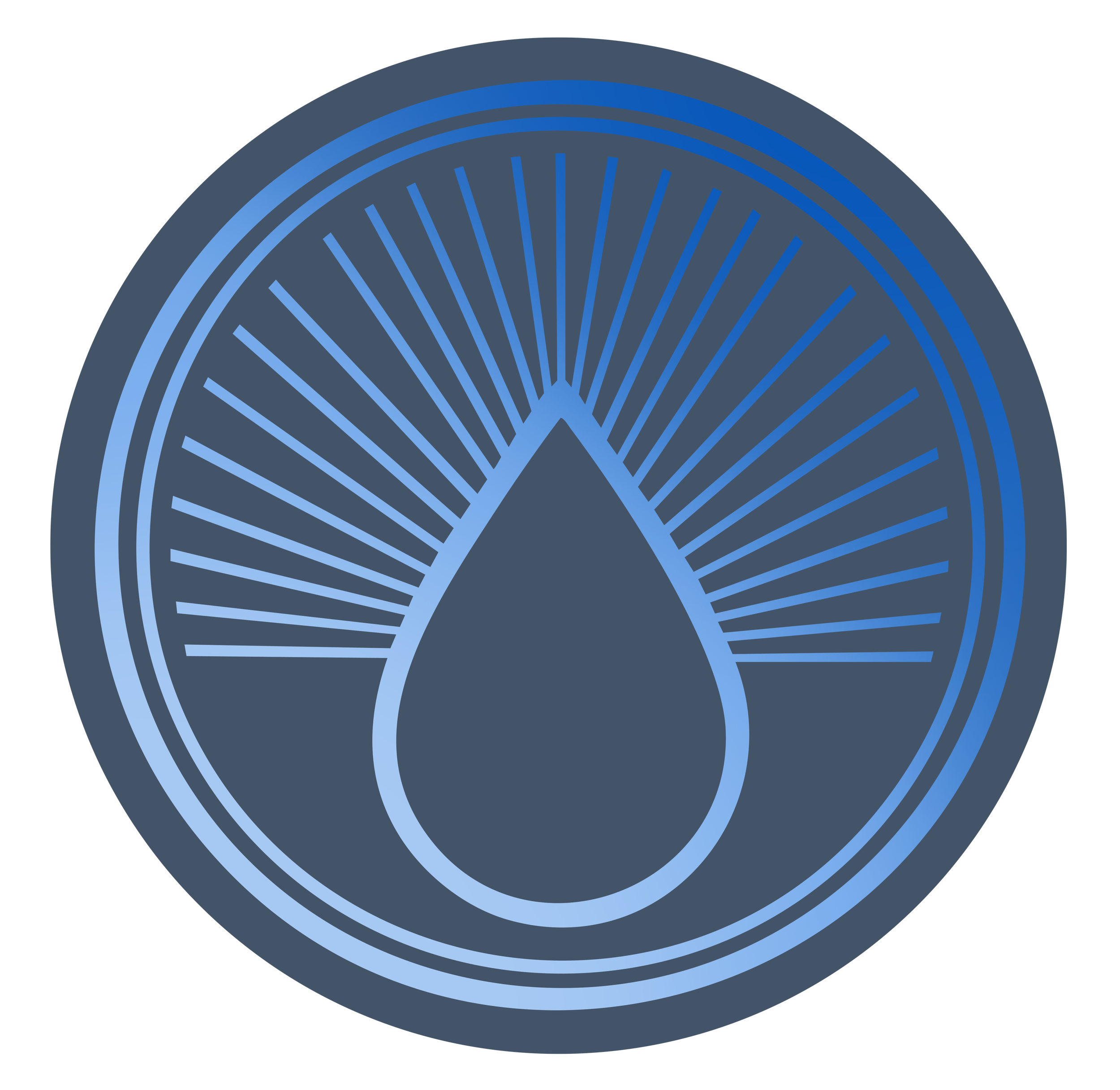 Futuristic blue neon icon of a water droplet with radiating rays inside a circular border.