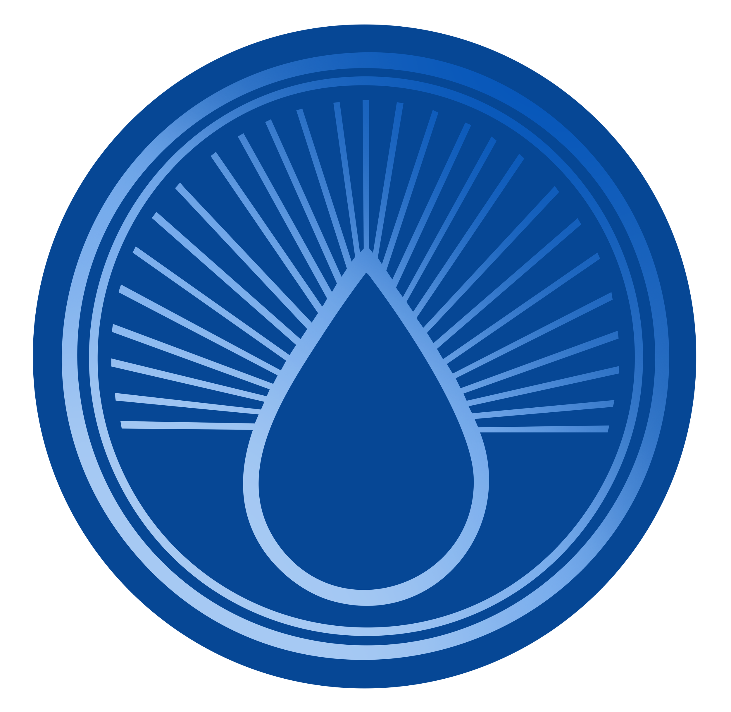 Blue emblem featuring a large droplet shape surrounded by radiating lines within concentric circles.