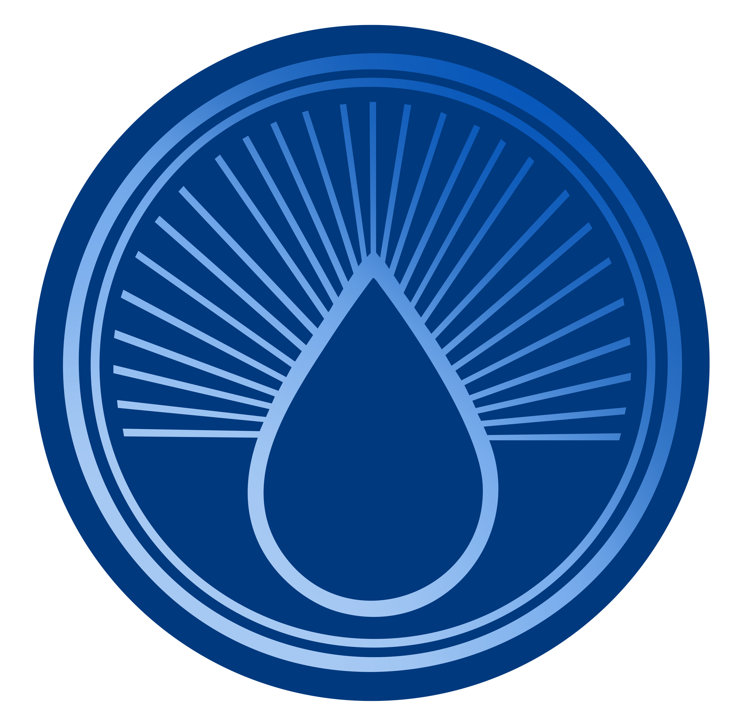 Blue and white graphic illustration of a water droplet with radiating lines, inside concentric circles.