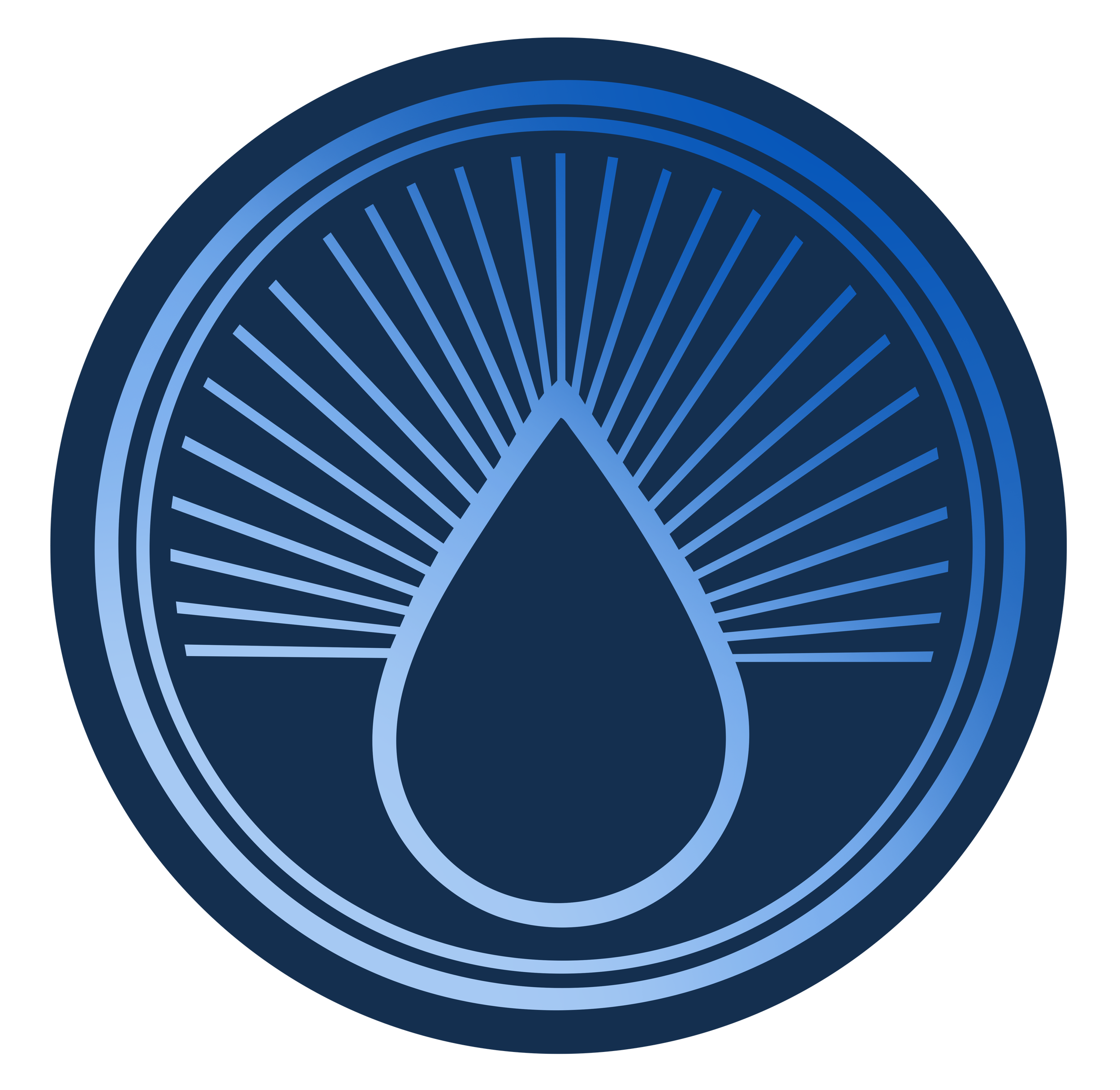 A circular digital graphic with a water droplet symbol in the center, radiating lines around it, set against a dark background.