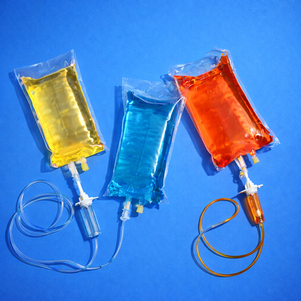 Three IV fluid bags filled with yellow, blue, and orange liquids placed on a blue surface, with attached tubing and connectors.