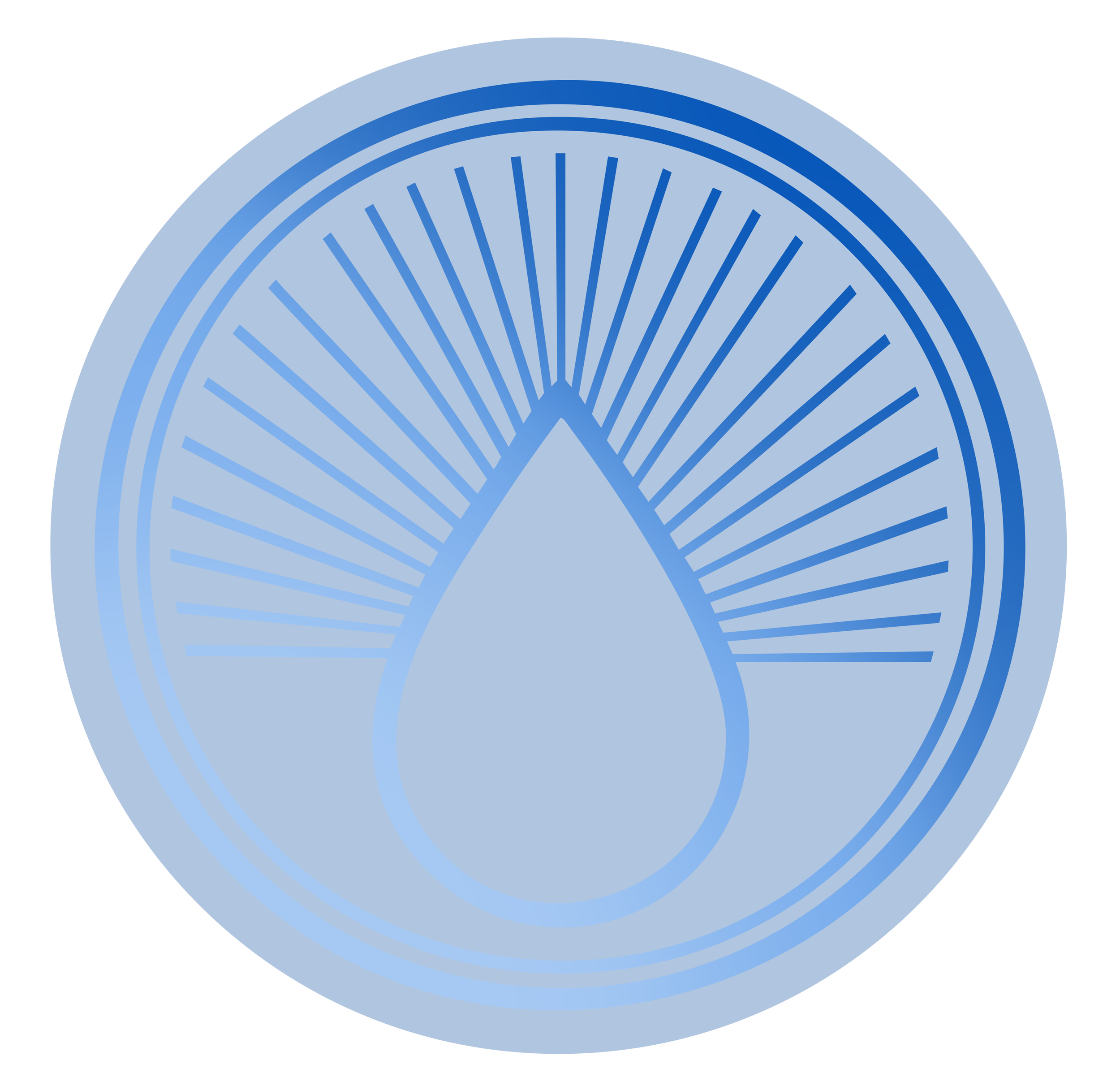 Blue logo with a central water droplet and radiating lines in a circular pattern