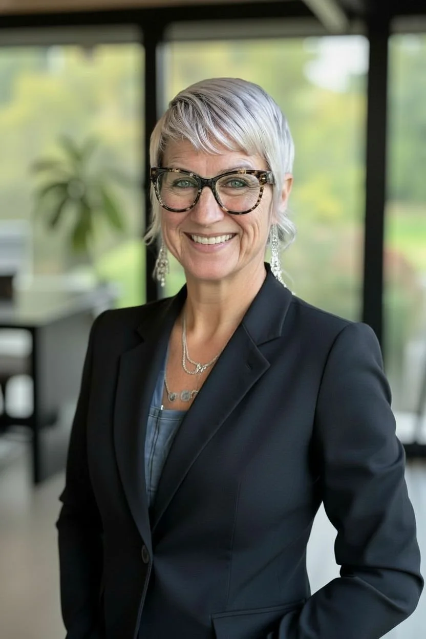 A woman with short white hair and glasses, smiling while wearing a black blazer and jewelry, standing indoors with large windows and a blurred green outdoor background.