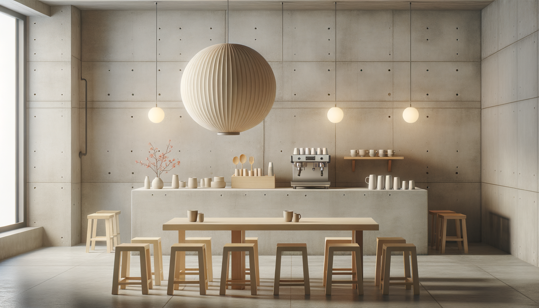 Minimalist coffee shop interior with concrete walls and large window, round hanging lamps, a counter with a coffee machine, cups, and a vase with pink flowers, wooden stools and a table with cups.