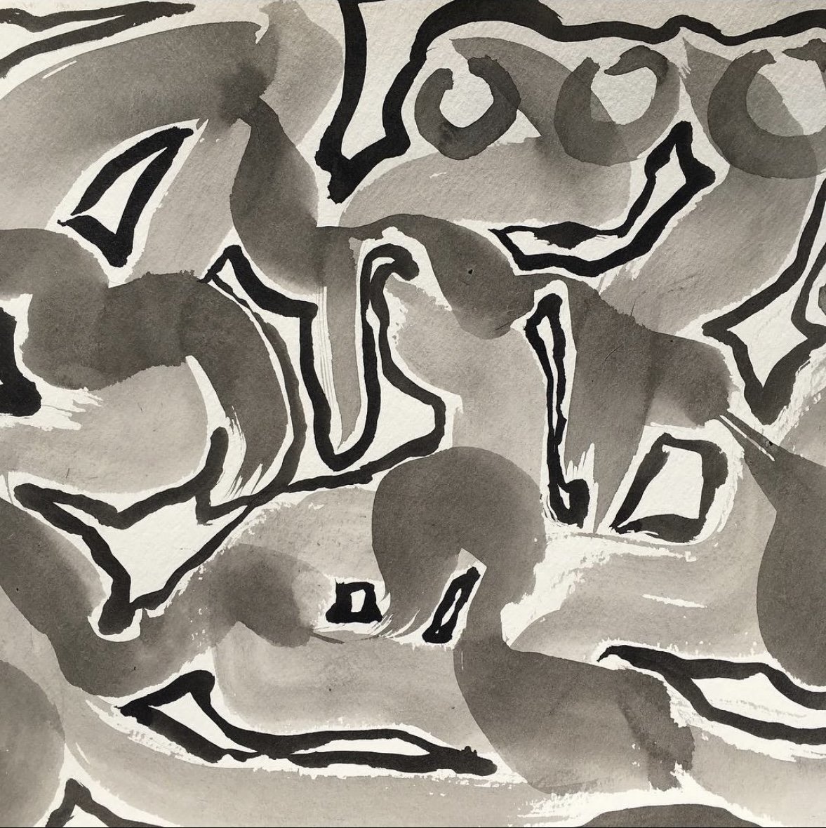 Abstract black and gray watercolor painting with bold outlines and swirling shapes.